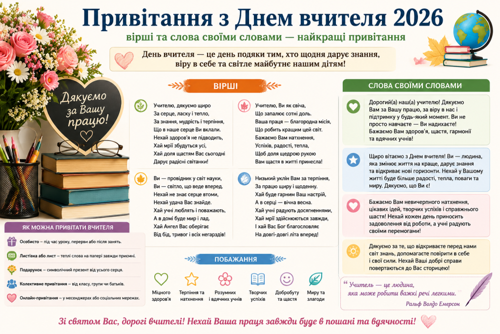 Інфографіка з привітаннями з Дня вчителя 2026 року — вірші, побажання своїми словами та поради як привітати вчителя