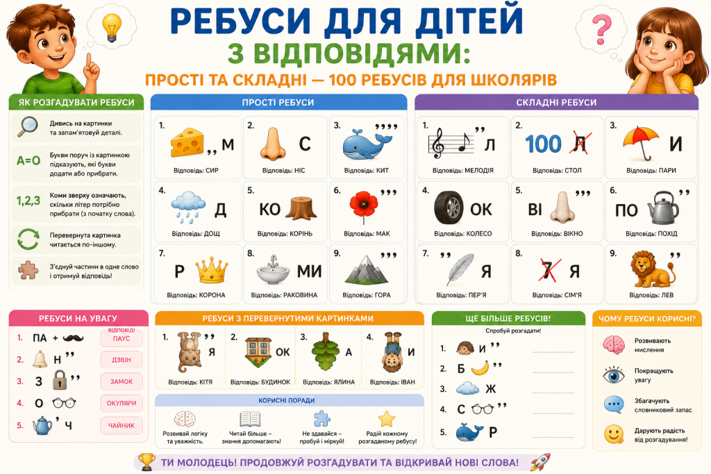 Інфографіка зі збіркою простих і складних ребусів для школярів з відповідями та правилами розгадування