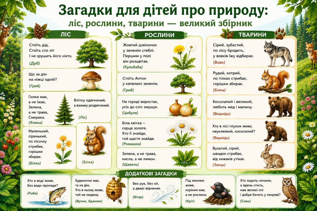 Інфографіка з добіркою загадок для дітей про природу, поділених на категорії ліс, рослини та тварини, з ілюстраціями