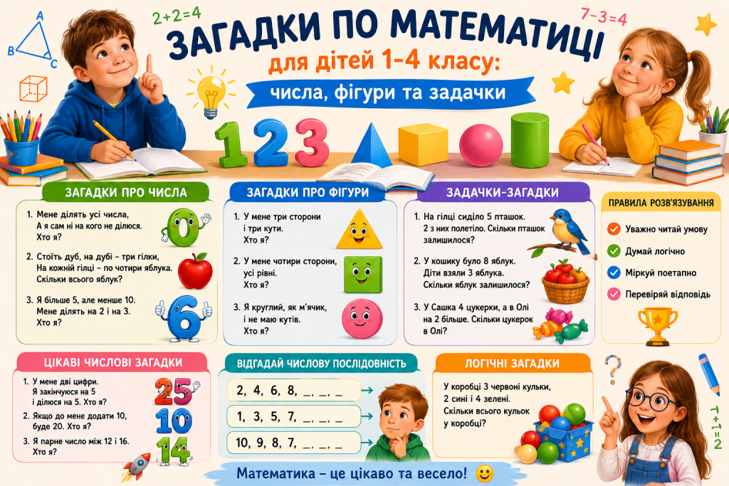 Інфографіка з математичними загадками для молодших школярів: загадки про числа, фігури, числові послідовності та логічні задачки
