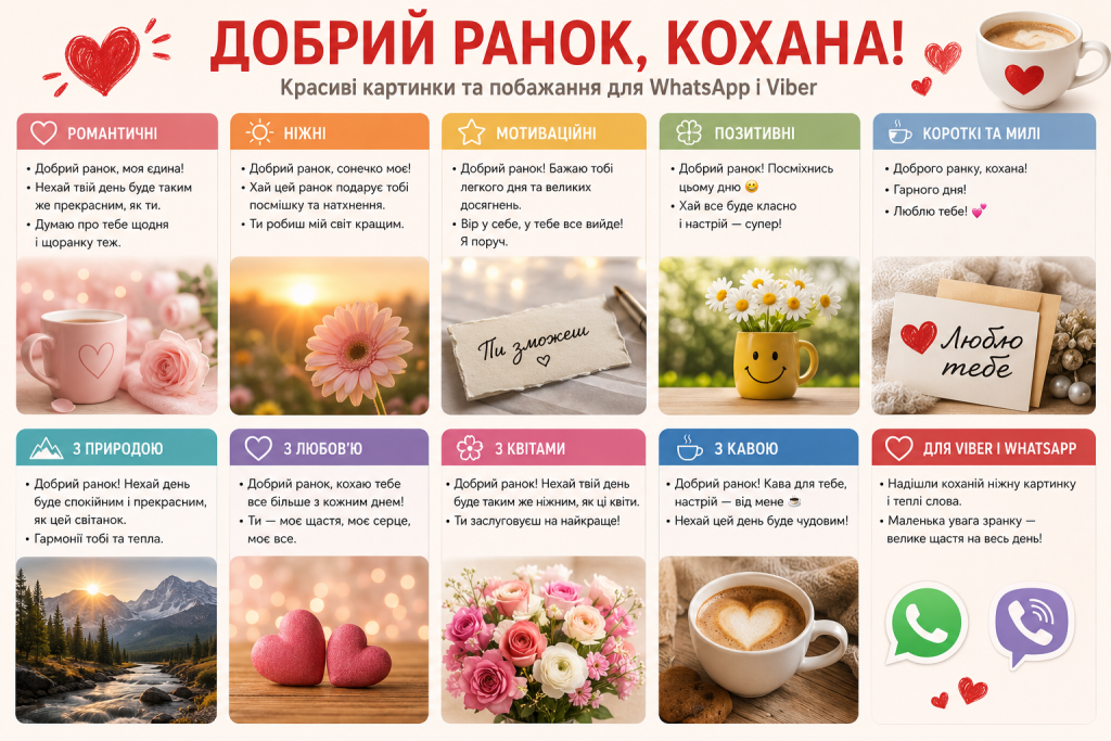 Інфографіка з романтичними, ніжними та мотиваційними побажаннями «Добрий ранок, кохана» для WhatsApp і Viber