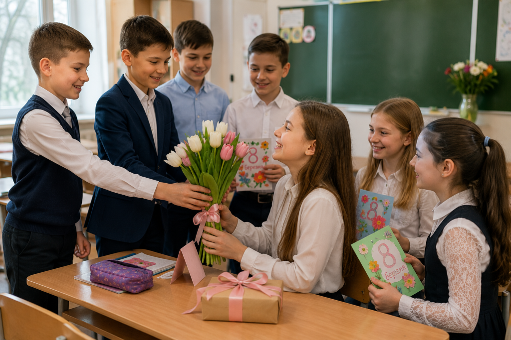 8 березня 2026: привітання жінкам своїми словами та вірші Школярі дарують однокласниці букет тюльпанів і листівки з 8 Березня у класі