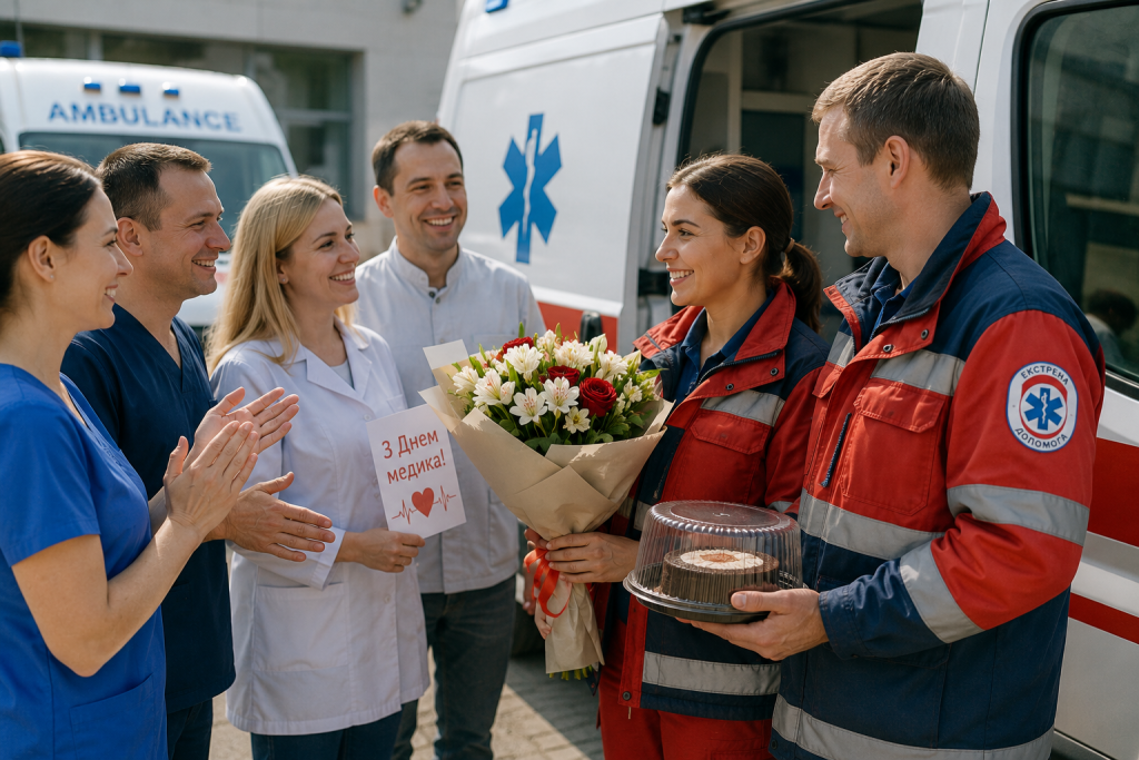 День медика 2026: привітання своїми словами та вірші Група медиків у робочому одязі вітає колег із Днем медика біля машини швидкої допомоги — дарують квіти, торт та листівку з написом «З Днем медика!»