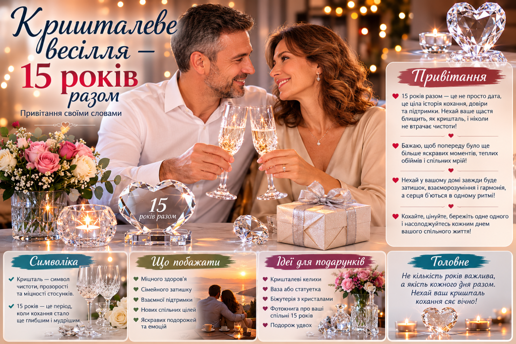 Інфографіка з привітаннями на кришталеве весілля, 15 років шлюбу
