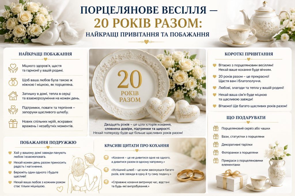 Інфографіка з привітаннями та побажаннями на порцелянове весілля, 20 років шлюбу