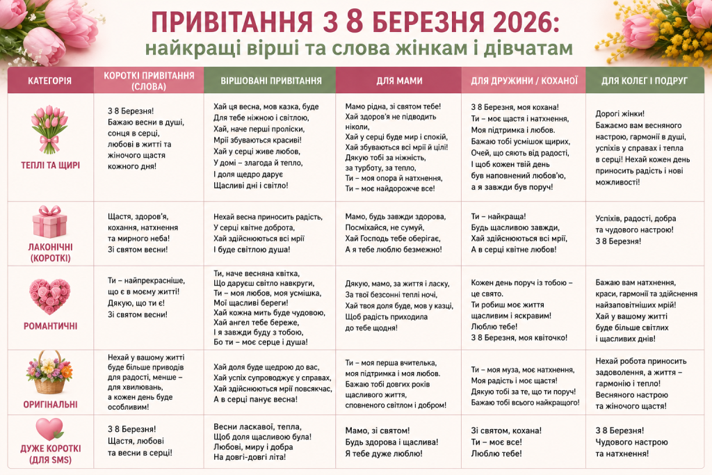 Таблиця з привітаннями на 8 Березня: короткі, романтичні, оригінальні та віршовані слова для мами, дружини та колег