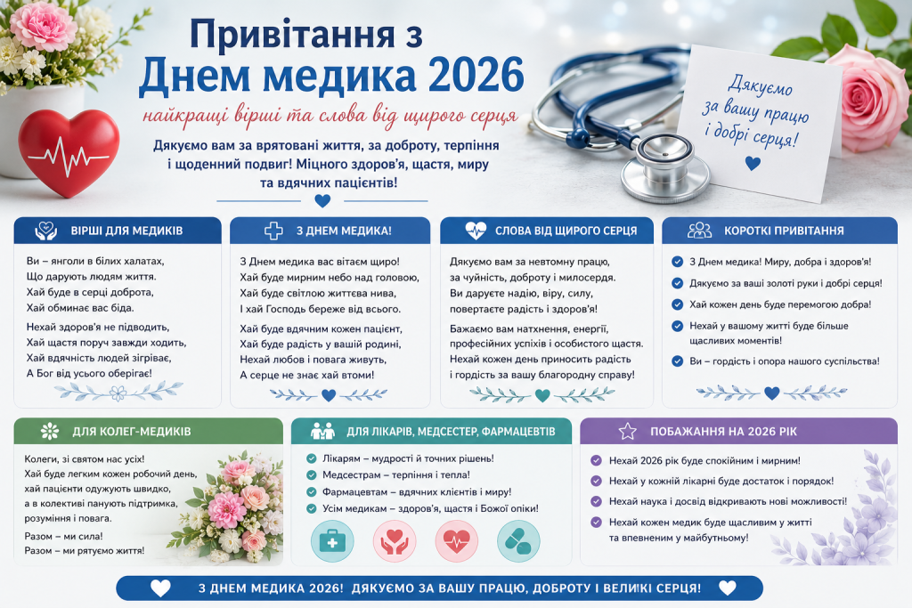Інфографіка з привітаннями з Днем медика 2026 — вірші, слова вдячності, привітання для колег, лікарів, медсестер і фармацевтів