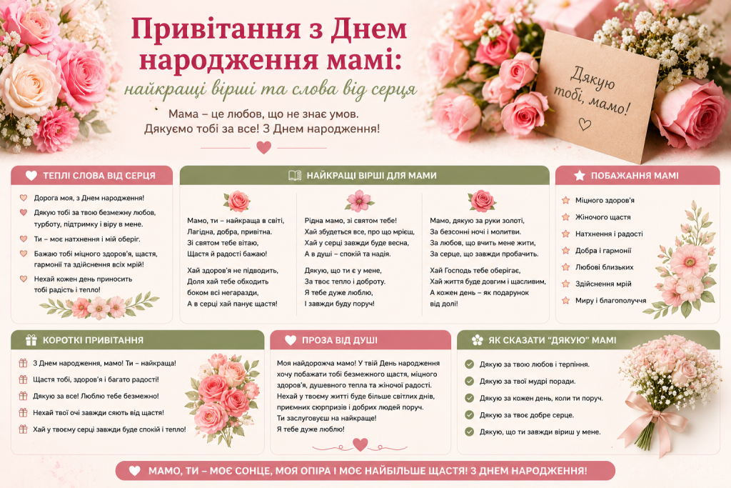 Інфографіка з привітаннями мамі на День народження — вірші, теплі слова, короткі привітання, проза та побажання на тлі рожевих троянд