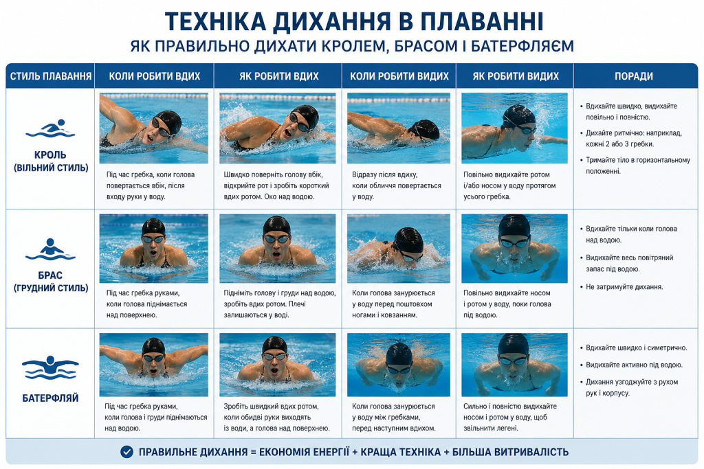 Інфографіка про правильні вдихи й видихи під час плавання кролем, брасом і батерфляєм