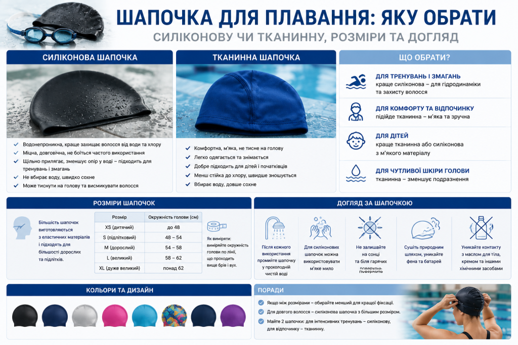 Інфографіка з порівнянням силіконових і тканинних шапочок для басейну