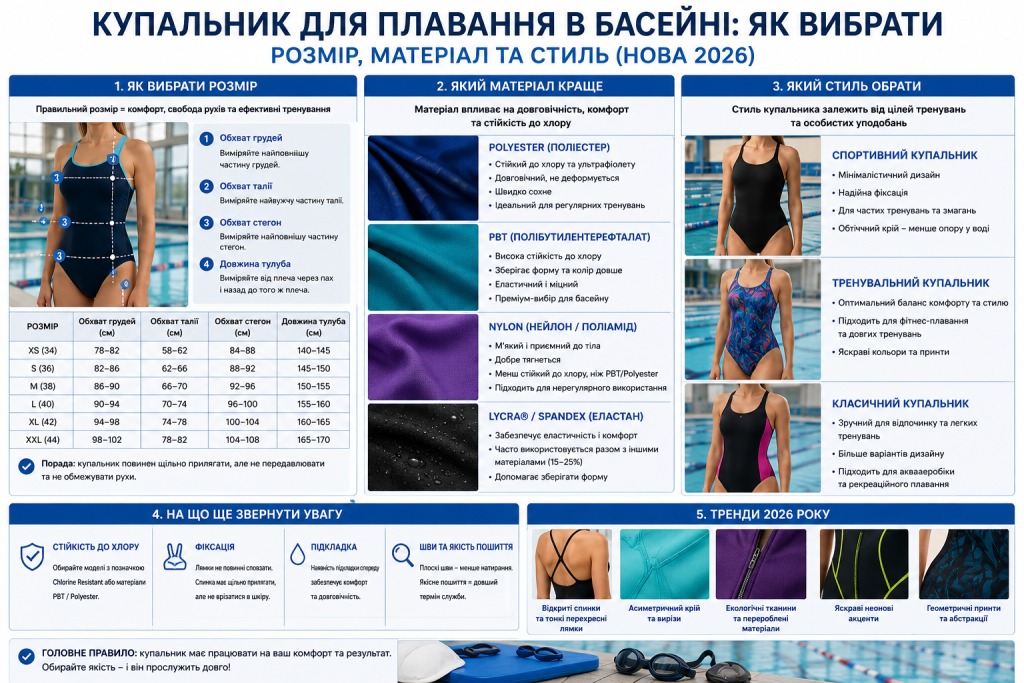 Інфографіка про вибір розміру, матеріалу та фасону жіночого купальника для басейну